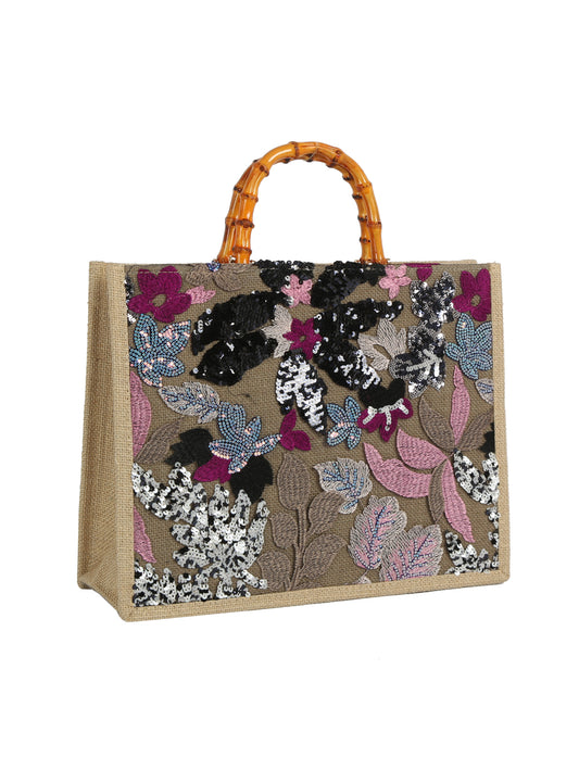 Sequin Floral Bamboo Handle Tote