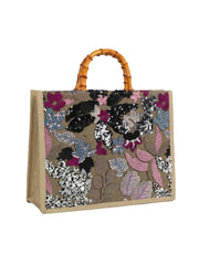 Sequin Floral Bamboo Handle Tote