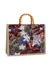 Sequin Floral Bamboo Handle Tote