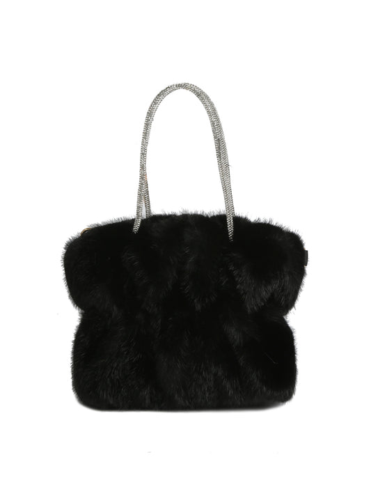 Soft Plush Faux Fur Tote Handbag with Sparkly Handle