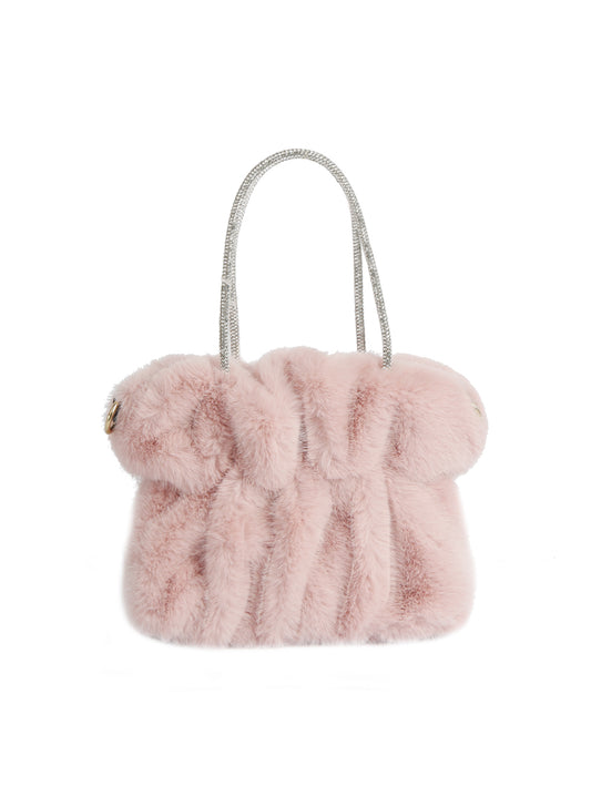 Soft Plush Faux Fur Tote Handbag with Sparkly Handle