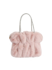 Soft Plush Faux Fur Tote Handbag with Sparkly Handle