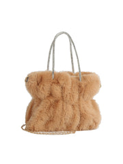 Soft Plush Faux Fur Tote Handbag with Sparkly Handle