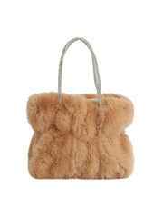 Soft Plush Faux Fur Tote Handbag with Sparkly Handle