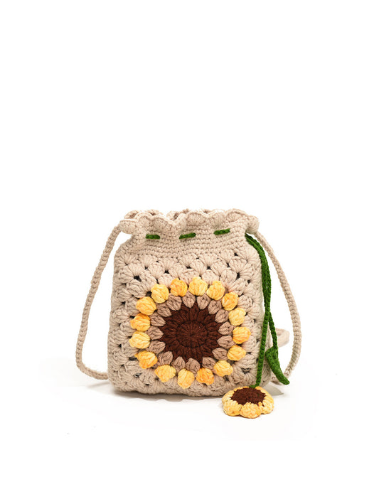 Crochet Sunflower Drawstring Crossbody Bag
