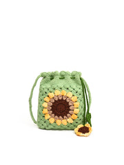 Crochet Sunflower Drawstring Crossbody Bag