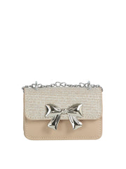 Metal Bow Rhinestone Flap Mini Handbag