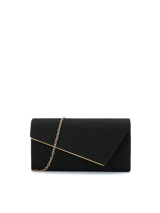 Glitter Envelope Evening Clutch with Metal Accent and Chain Strap