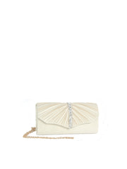 Pleated Satin Evening Clutch with Rhinestone Accent and Chain Strap