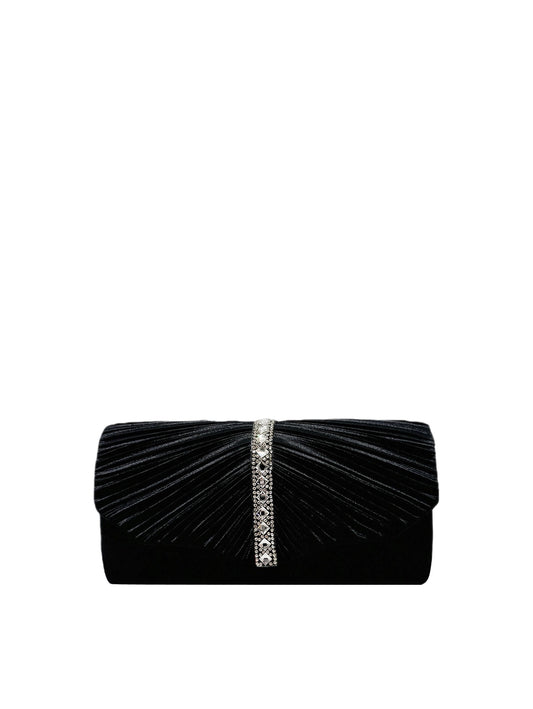 Pleated Satin Evening Clutch with Rhinestone Accent and Chain Strap