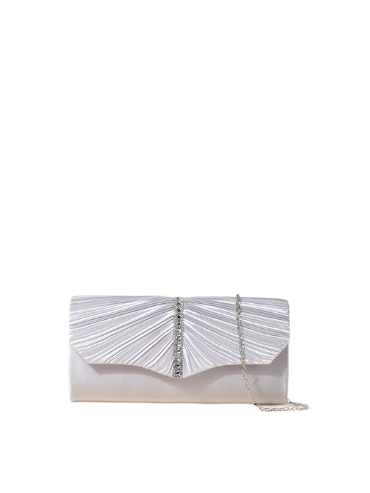 Pleated Satin Evening Clutch with Rhinestone Accent and Chain Strap