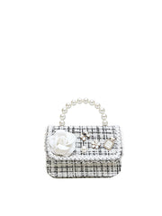 Elegant Tweed Floral Pearl Top Handle Bag