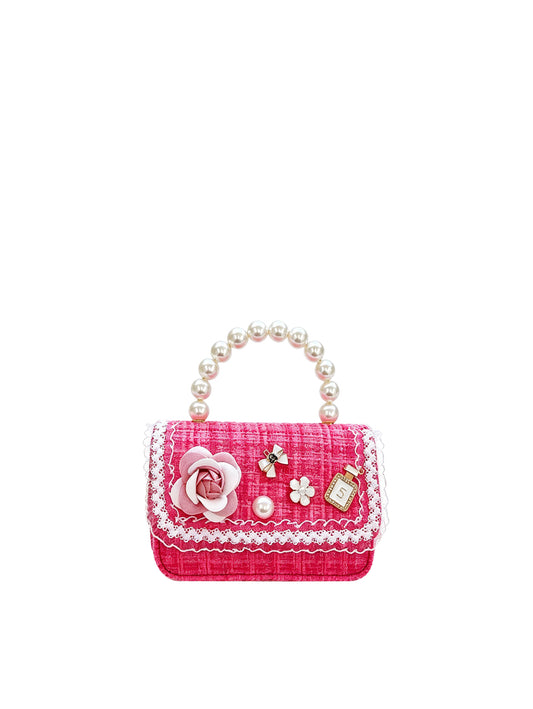 Elegant Tweed Floral Pearl Top Handle Bag