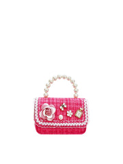 Elegant Tweed Floral Pearl Top Handle Bag