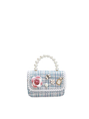 Elegant Tweed Floral Pearl Top Handle Bag