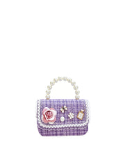 Elegant Tweed Floral Pearl Top Handle Bag