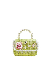 Elegant Tweed Floral Pearl Top Handle Bag