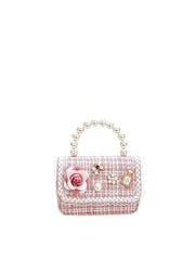 Elegant Tweed Floral Pearl Top Handle Bag