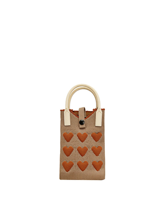 Heart Pattern Knit Phone Crossbody Mini Tote Bag