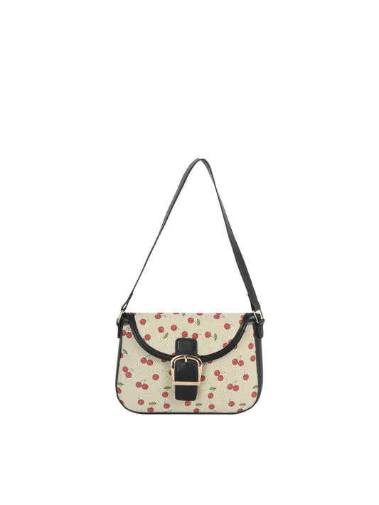 Cherry Print Canvas Buckle Flap Shoulder Bag