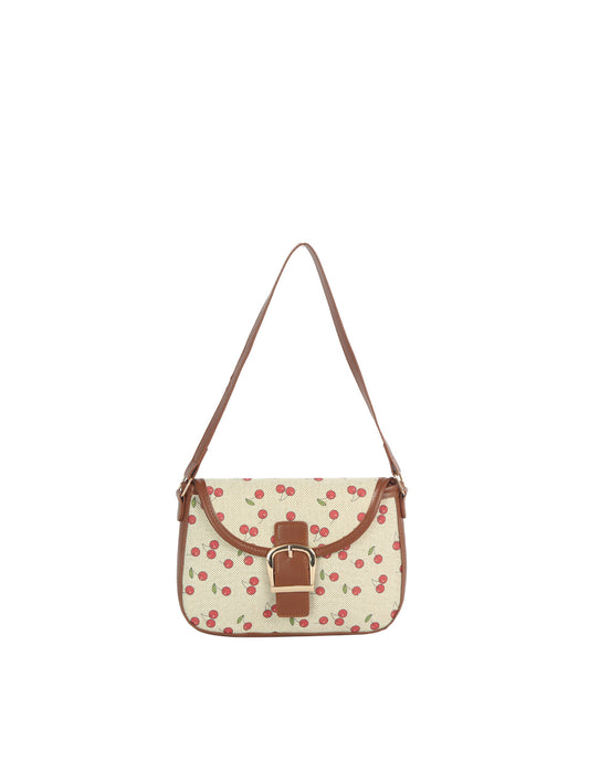 Cherry Print Canvas Buckle Flap Shoulder Bag