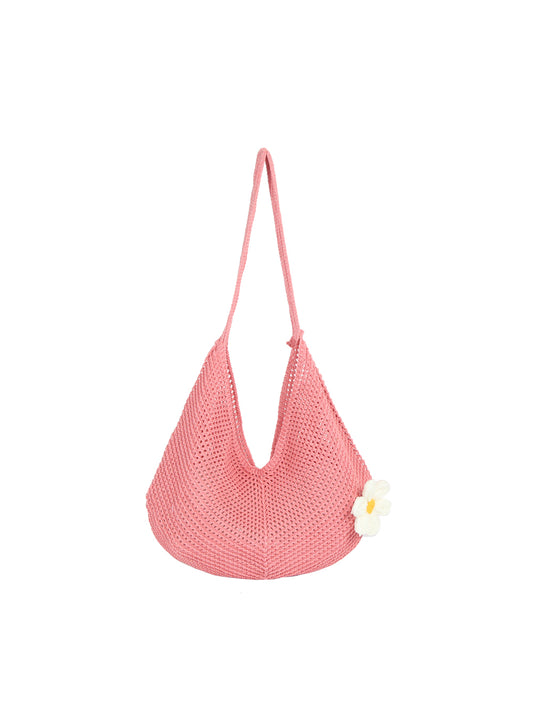Crochet Flower Accent Slouchy Hobo Bag
