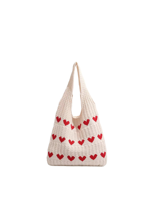 Heart Pattern Knit Shoulder Tote Bag