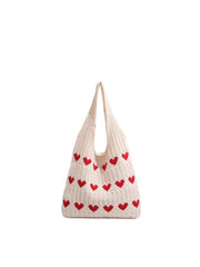 Heart Pattern Knit Shoulder Tote Bag