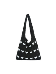 Heart Pattern Knit Shoulder Tote Bag
