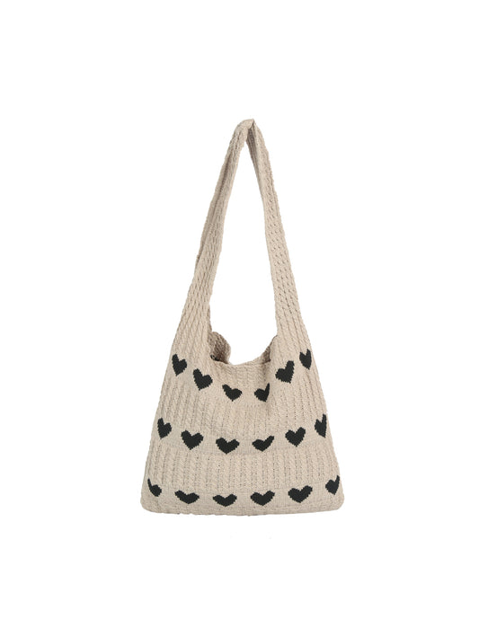 Heart Pattern Knit Shoulder Tote Bag