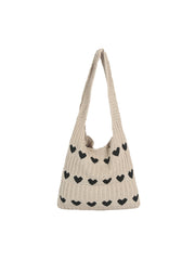 Heart Pattern Knit Shoulder Tote Bag
