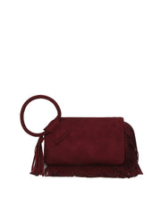 Braided Ring Fringe Suede Wristlet Clutch