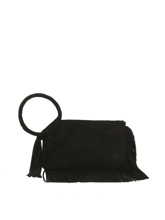 Braided Ring Fringe Suede Wristlet Clutch