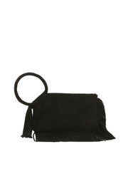 Braided Ring Fringe Suede Wristlet Clutch