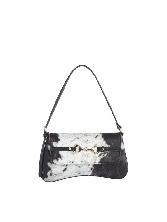 Cow Print Hair-On Shoulder Bag with Horsebit Accent