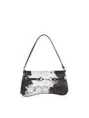 Cow Print Hair-On Shoulder Bag with Horsebit Accent