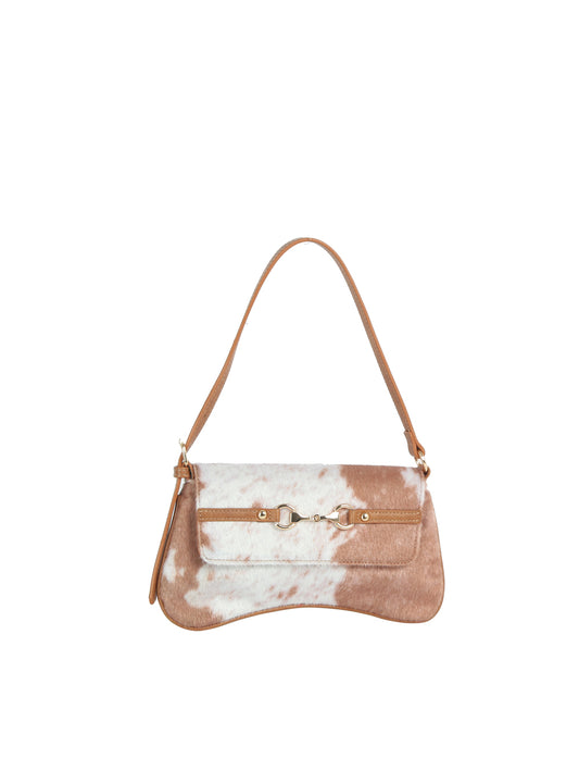 Cow Print Hair-On Shoulder Bag with Horsebit Accent
