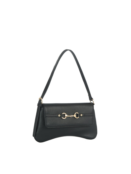 Horsebit Accent Pebbled Faux Leather Baguette Shoulder Bag