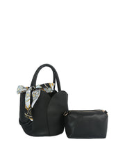 2-in-1 Pebbled Faux Leather Mini Bucket Bag with Scarf & Zip Pouch