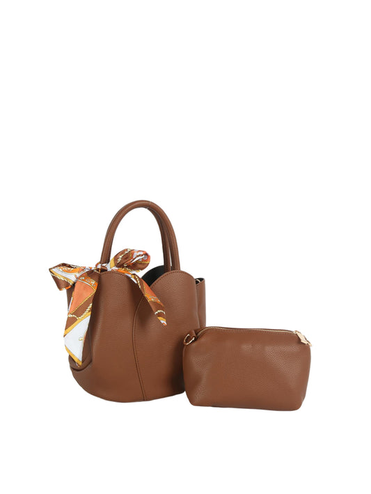 2-in-1 Pebbled Faux Leather Mini Bucket Bag with Scarf & Zip Pouch