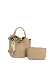 2-in-1 Pebbled Faux Leather Mini Bucket Bag with Scarf & Zip Pouch