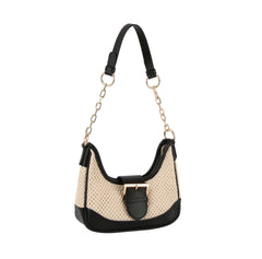 Buckle 2 tone fabric straw shoulder bag