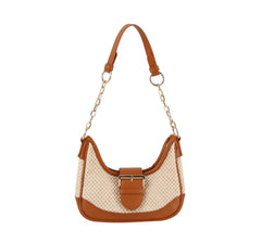 Buckle 2 tone fabric straw shoulder bag