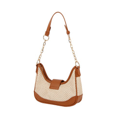 Buckle 2 tone fabric straw shoulder bag