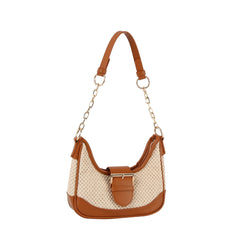 Buckle 2 tone fabric straw shoulder bag