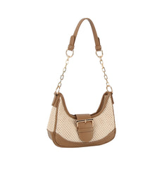 Buckle 2 tone fabric straw shoulder bag