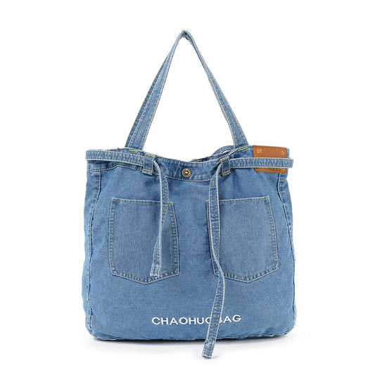 Denim Front Pocket Large Tote Handbag