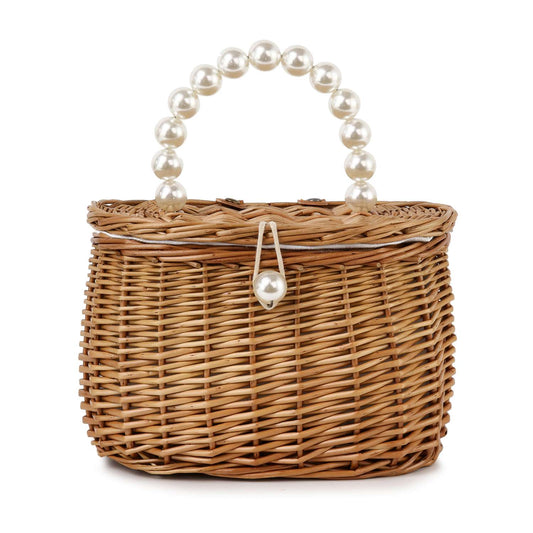 Pearl Handle Straw Tote Bag