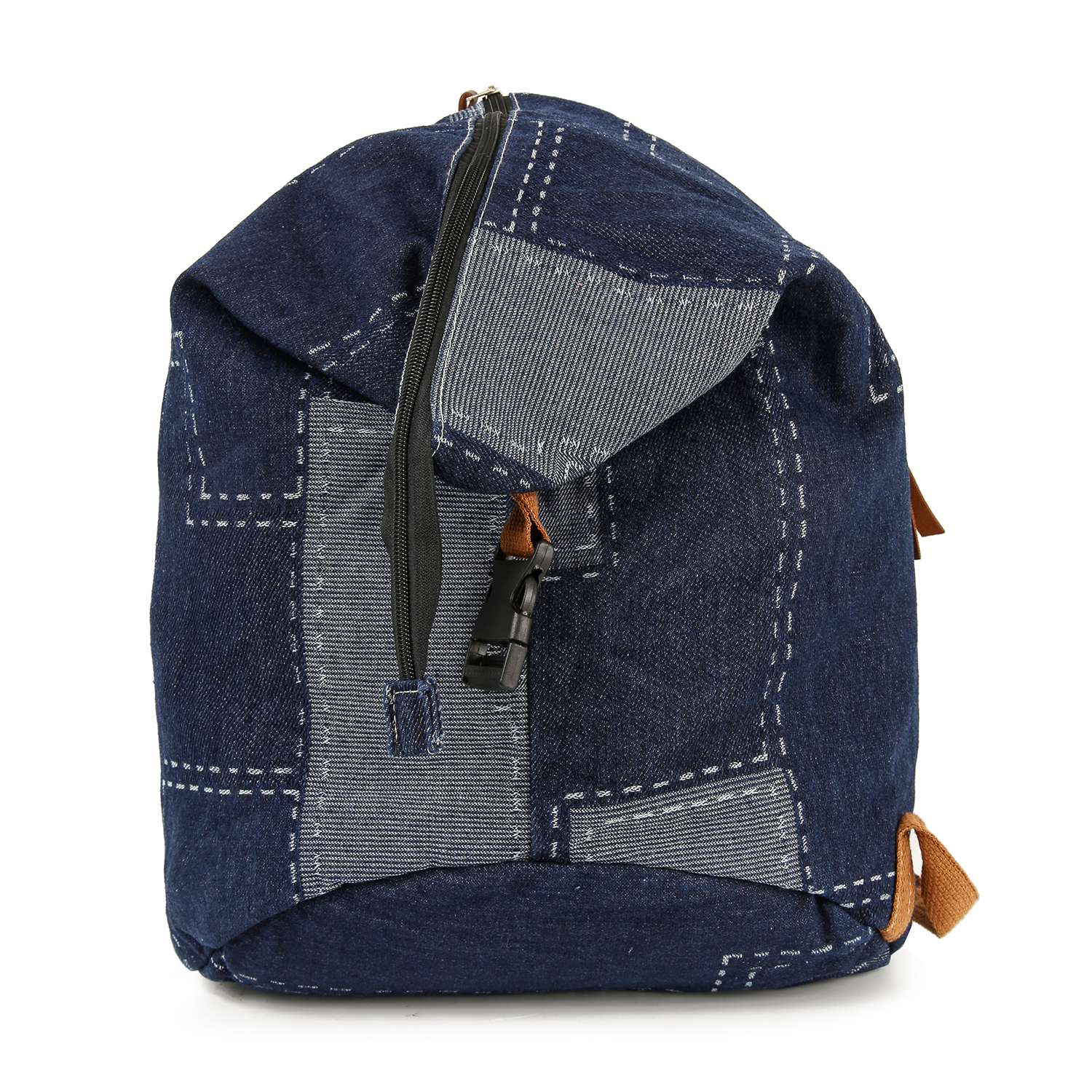 Blue denim backpack with gray accents on a white background