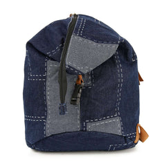 Blue denim backpack with gray accents on a white background